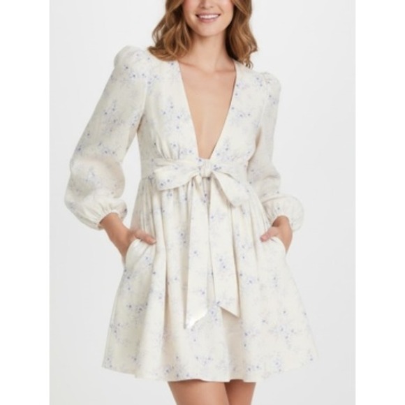 CAMI NYC Linen Floral Mini Dress Blue V-Neck Bow Pleated Long Sleeve Medium